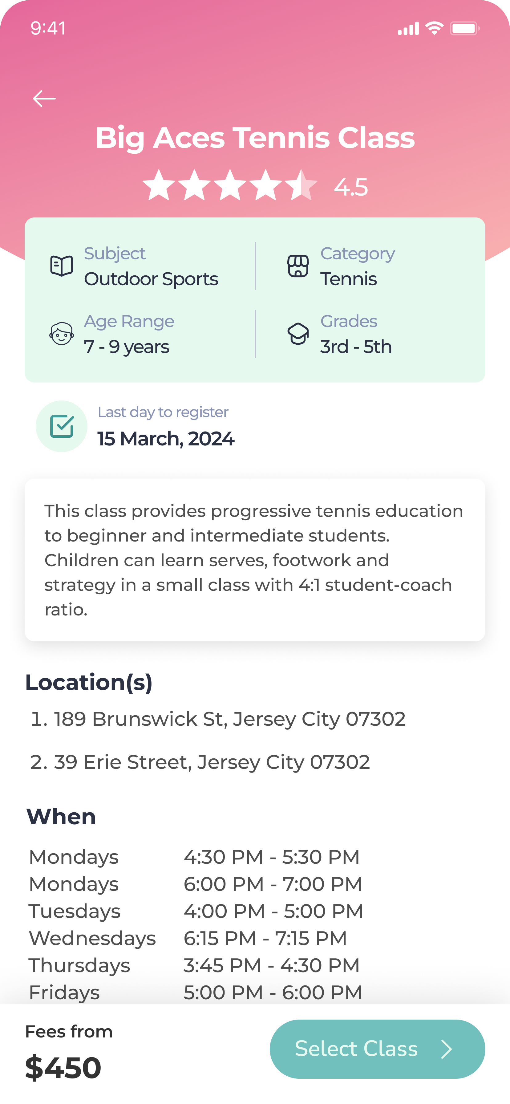 Class Details Page